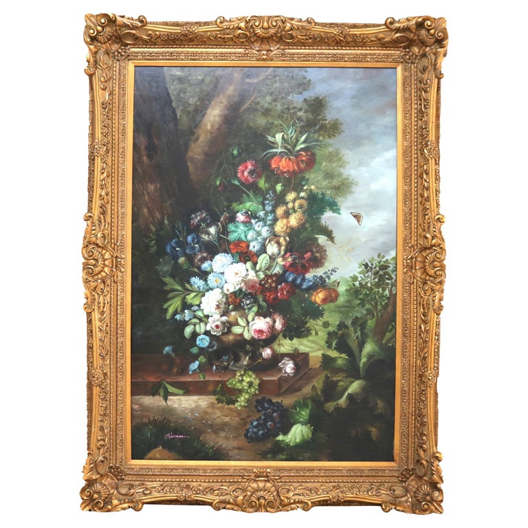Monumental Oil on Canvas Floral & Fruit Still Life Painting by Sherman 20thC