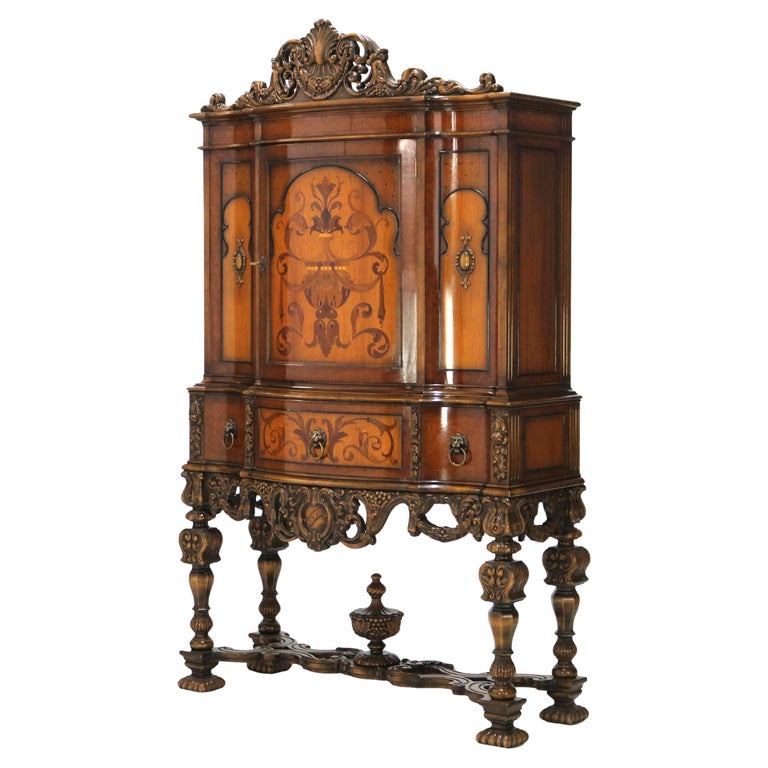 Antique French Style Reticulated Flame Mahogany, Rosewood & Satinwood Credenza