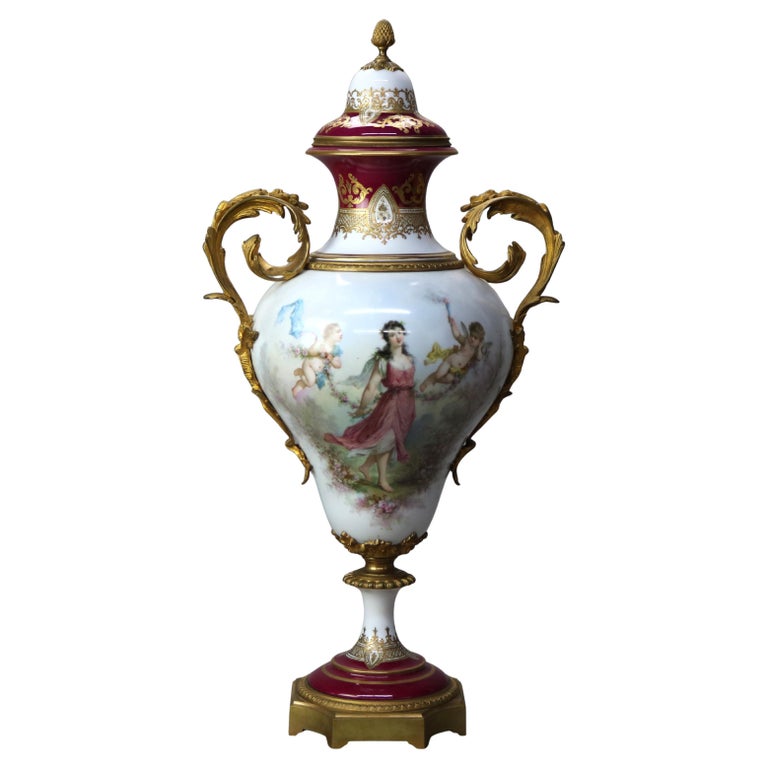 Antique French Sevres Louis XIV Style Porcelain & Ormolu Lidded Floor Urn c1890