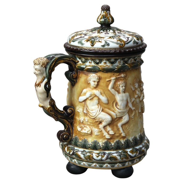 Large Antique Rorstrand Majolica Figural Porcelain Footed & Lidded Tankard c1890