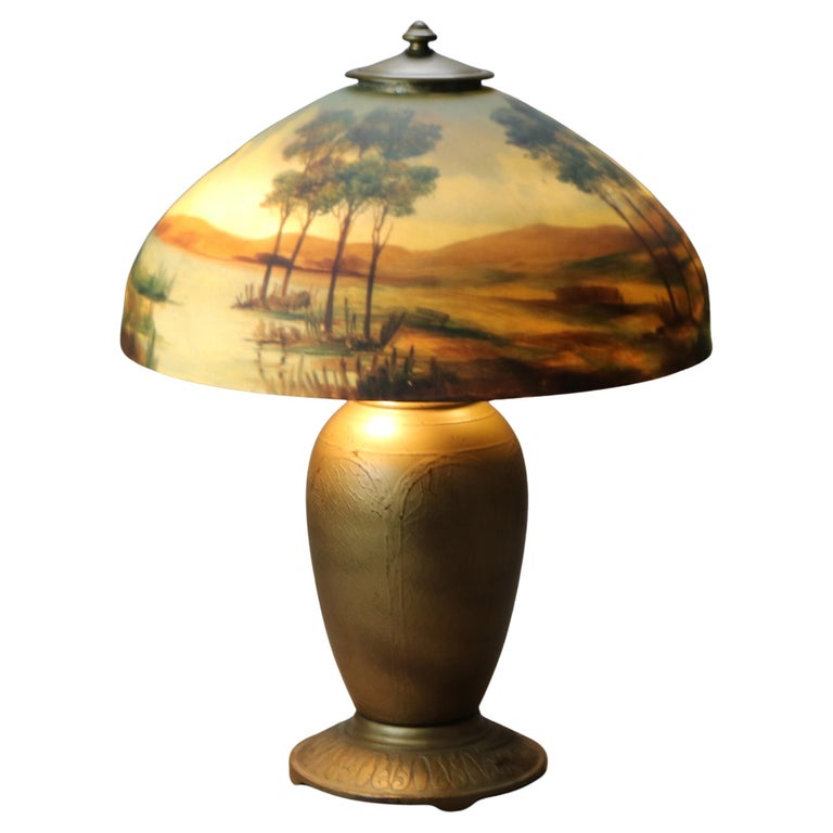 Arts & Crafts Jefferson Reverse Painted Table Lamp with Landscape Scene C1920