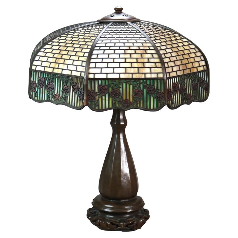 Handel Arts & Crafts Bronze Overlay Table Lamp with Painted Rose Elements c1920