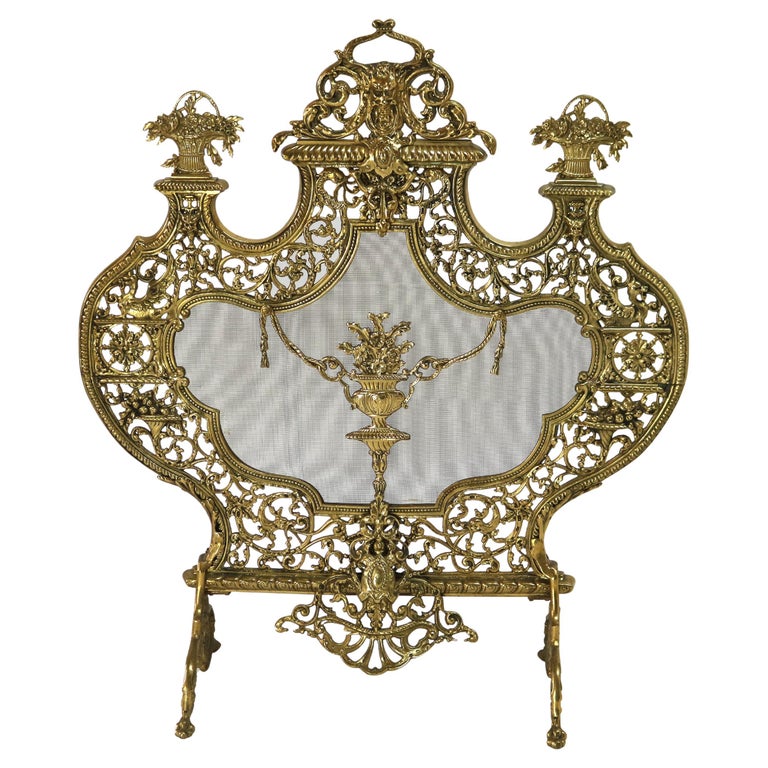Antique Italian Rococo Gilt Bronze Panier de Fleurs Fireplace Screen C1900