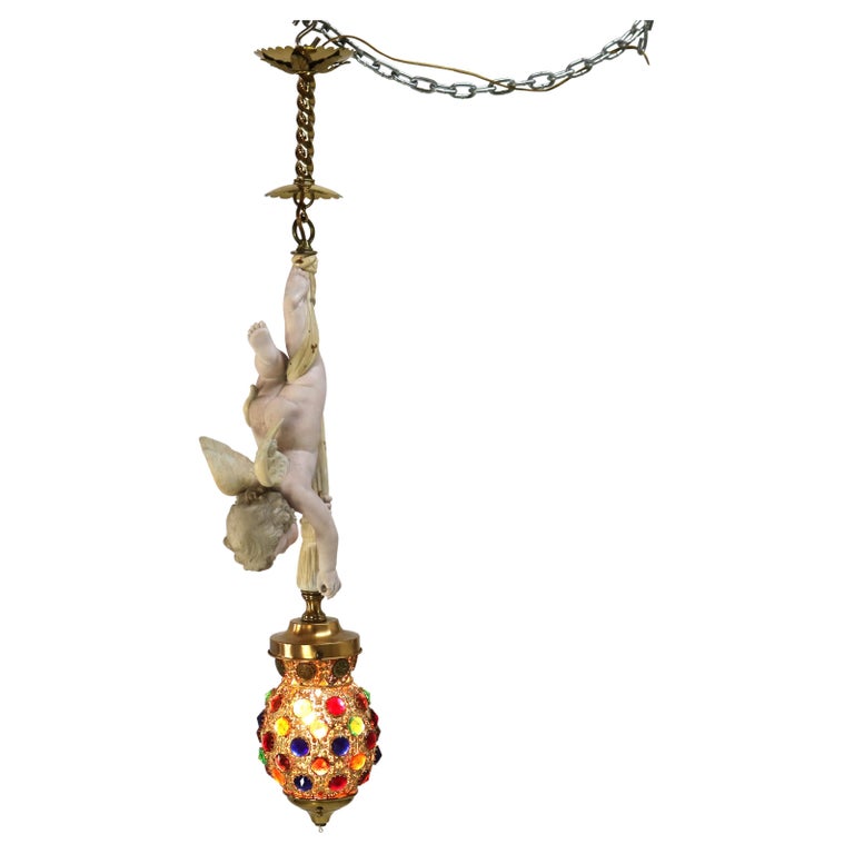 French Gilt Bronze, Brass & Bisque Figural Cupid Pendant Light & Jeweled Shade