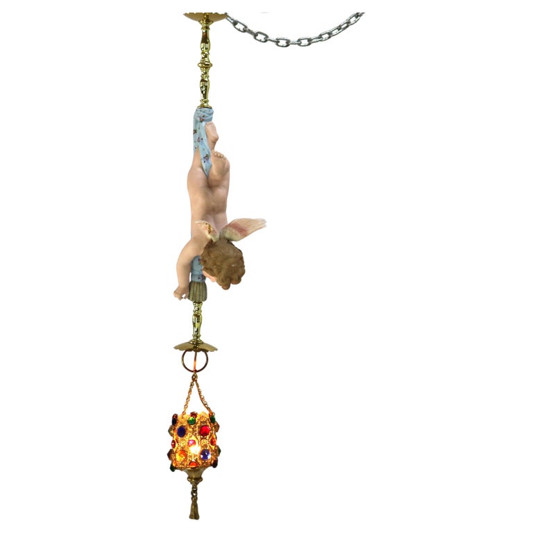 French Gilt Bronze, Brass & Bisque Figural Cupid Pendant Light & Jeweled Shade