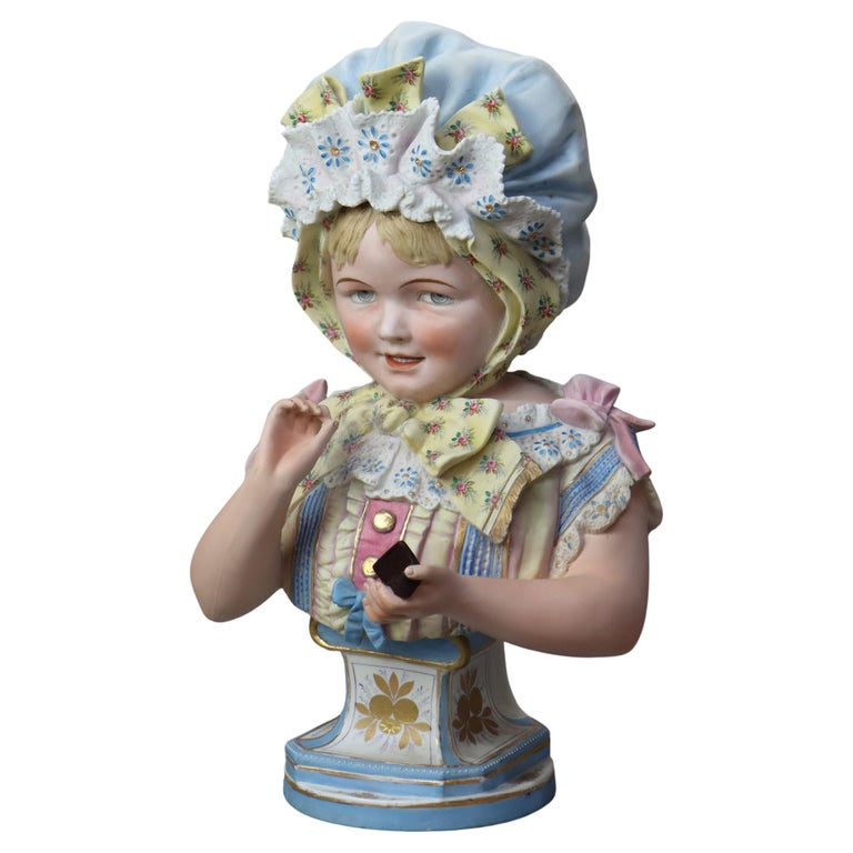 Antique Hand Painted Bisque Bust of a Young Girl C1890