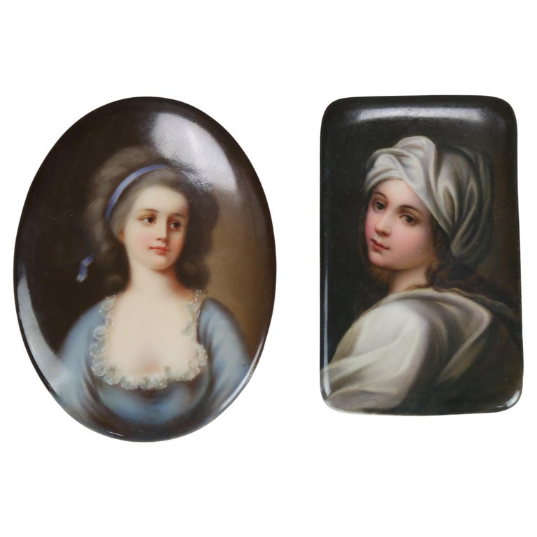 Two Miniature Portrait Paintings on Porcelain Plaques of Women C1890
