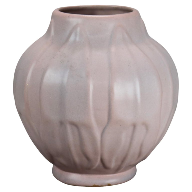 Antique Van Briggle Matt Rose Pottery Vase with Tooled Stylized Leaves C1920