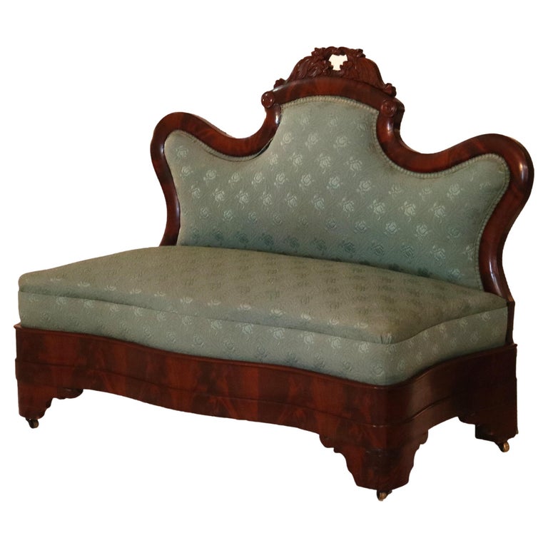 Antique American Empire Carved Flame Mahogany & Upholstered Slipper Bench C1850