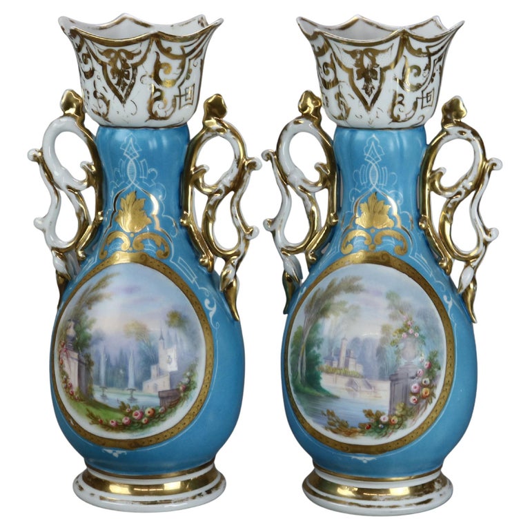 Pair Antique Jacob Petit School Old Paris Porcelain Paneled Hand Painted Vases