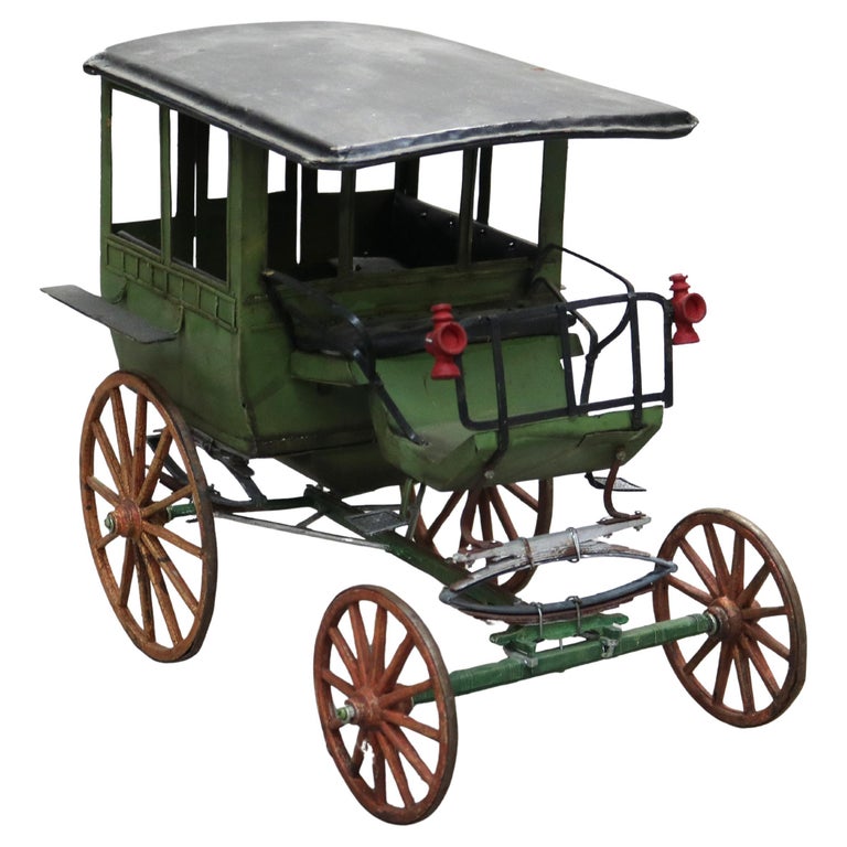 Large Antique Toy Polychrome Tin & Wood Model Horse Drawn Carriage C1930