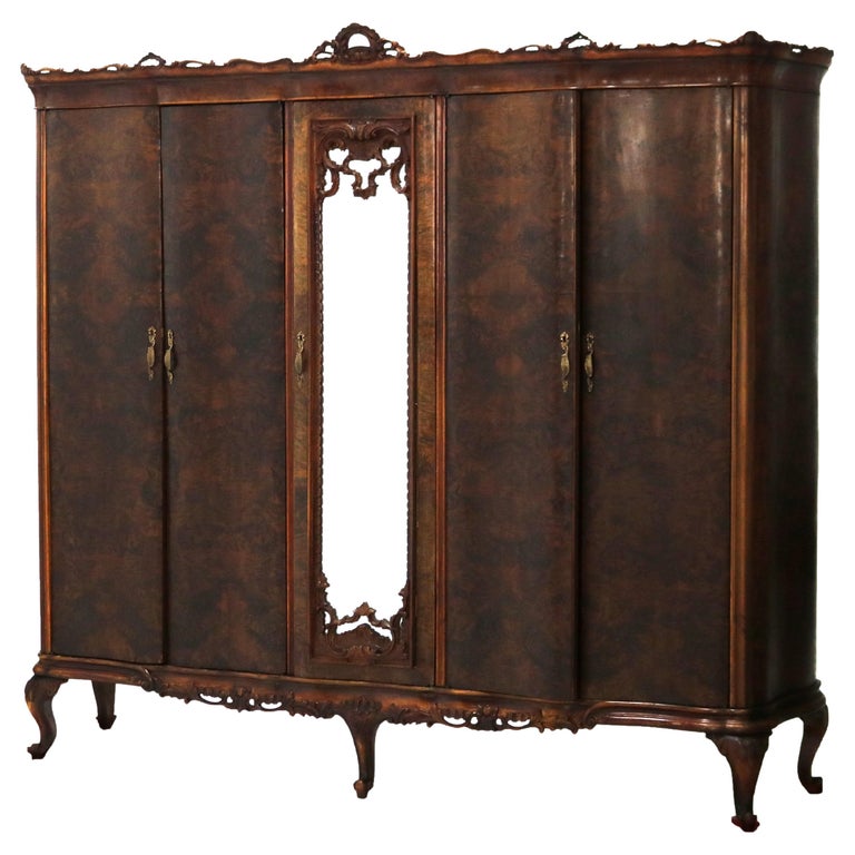Monumental Antique French Carved Mahogany, Rosewood & Burl Armoire C1890