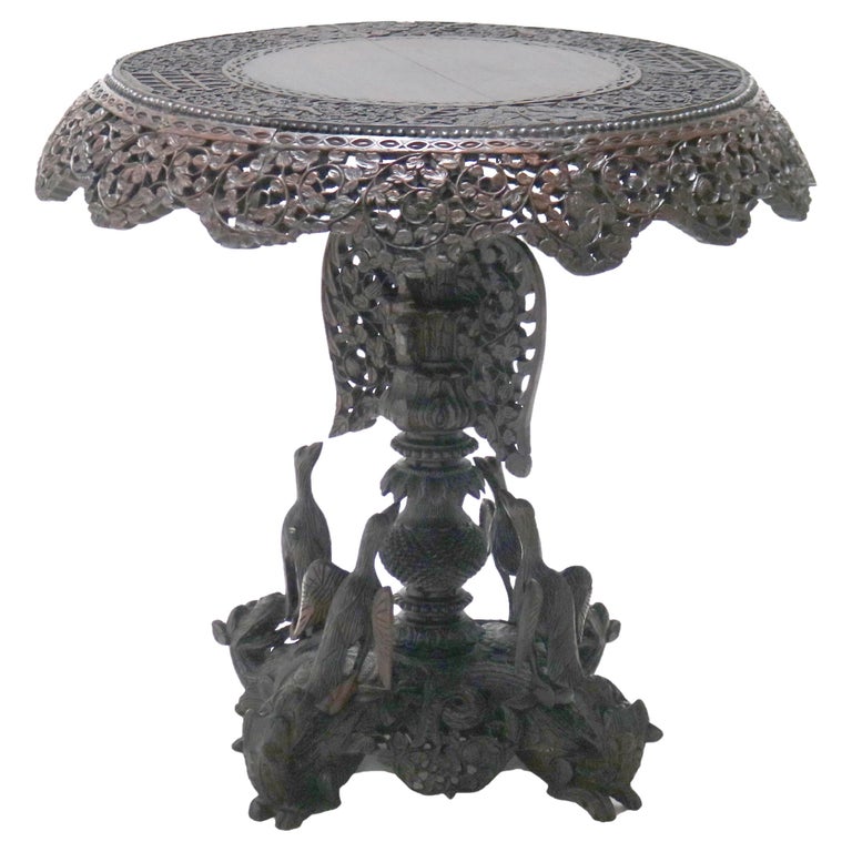 Antique Anglo Indian Carved Figural Bird, Floral & Foliage Rosewood Table 19thC