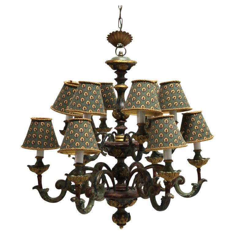 Antique Italian Style Polychromed Wood 12-Light Chandelier & Cloth Shade C1930