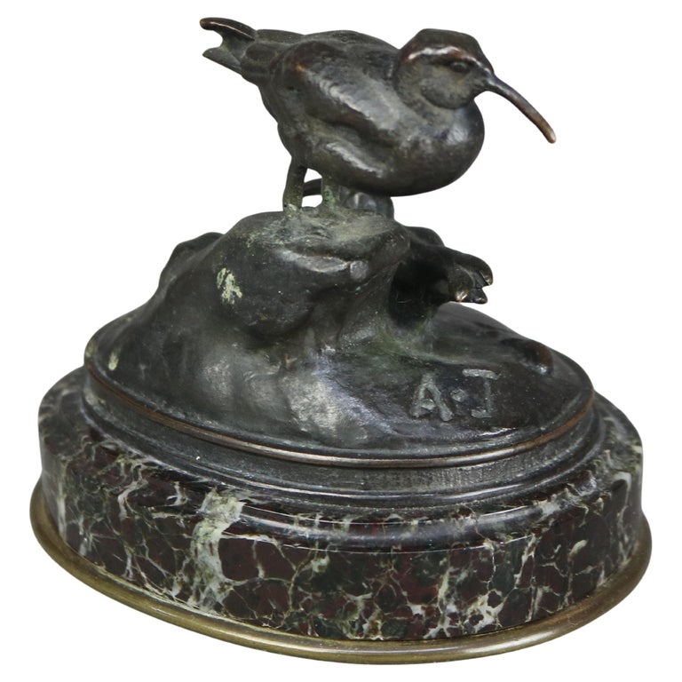 Antique Bronze Bird Grouping Sculpture on Marble Base Signed A. J. C1900
