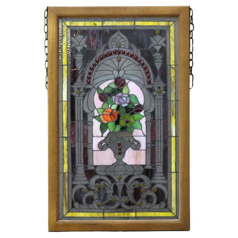 Vintage Neoclassical Style Floral Stained & Jeweled Glass Window 20thC