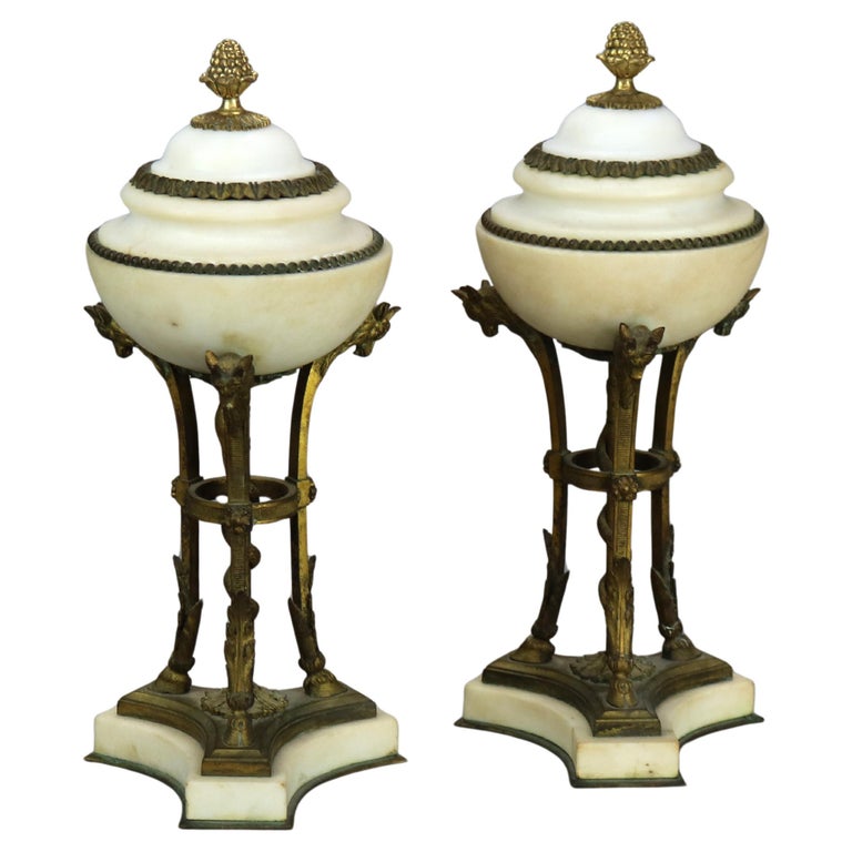 Pair of Antique French Figural Bronze & Marble Cassolettes with Hoof Feet C1880