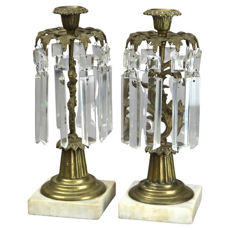 Pair of Bronze and Crystal Candle Holders with Marble Base C1890