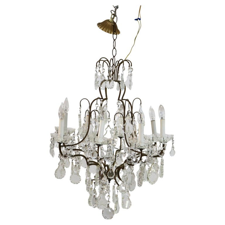 Antique Bronze and Cut Crystal Eight Light Chandelier C1930