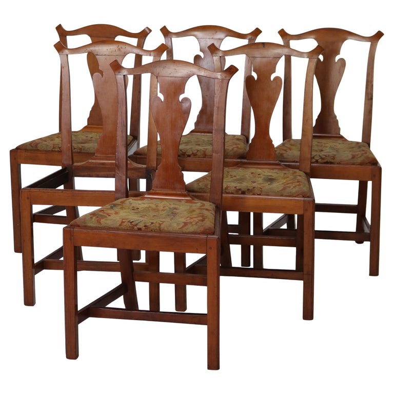 Six Antique Chippendale Cherry Slat-Back Dining Chairs with Tapestry Seats C1800