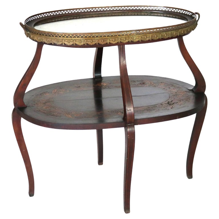 Antique Mahogany Tiered Tea Table with Satinwood Floral Marquetry C1920