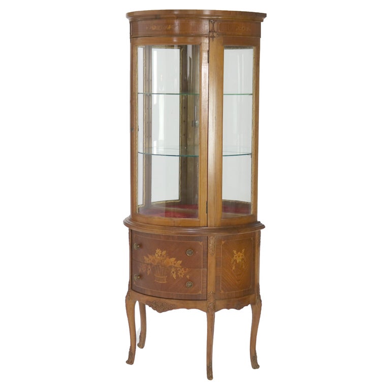 Antique French Louis XV Mahogany & Satinwood Vitrine with Floral Marquetry C1890
