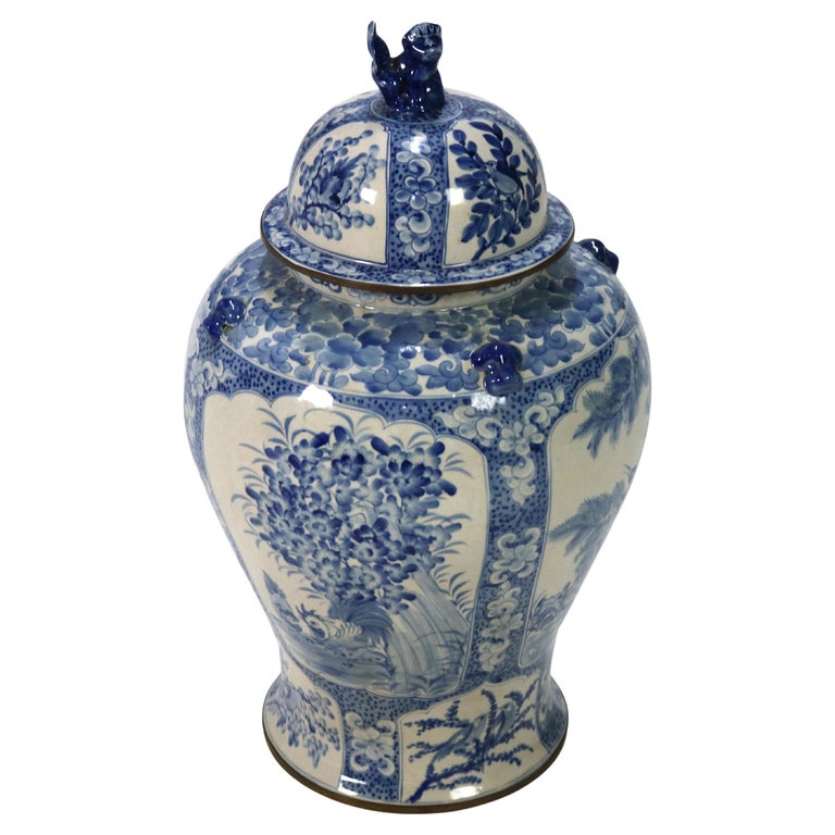 Oversized Chinese Blue and White Pottery Urn with Lid 20thC