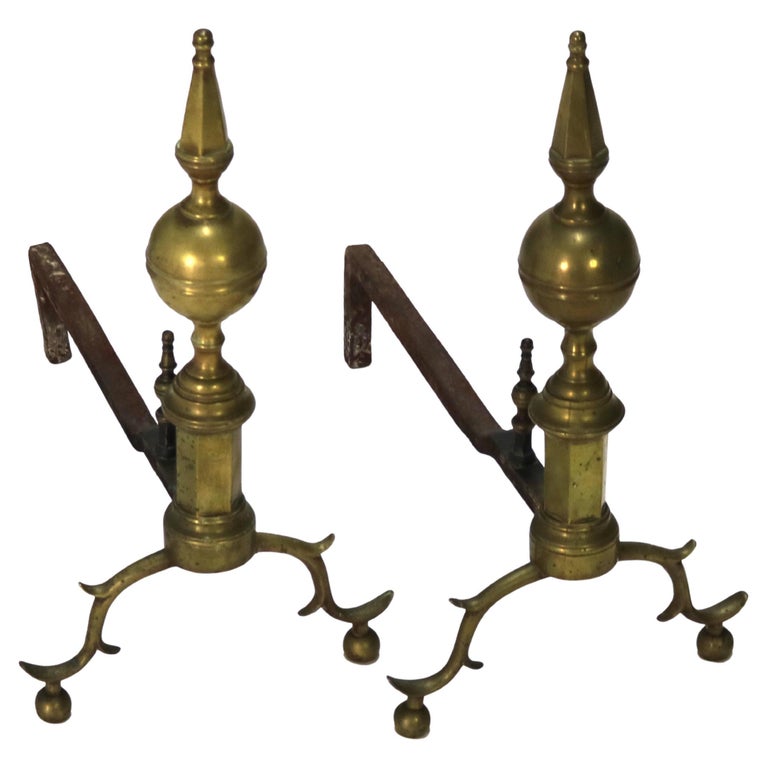 Pair of Antique Federal Brass and Wrought Iron Lemon Top Andirons C1810