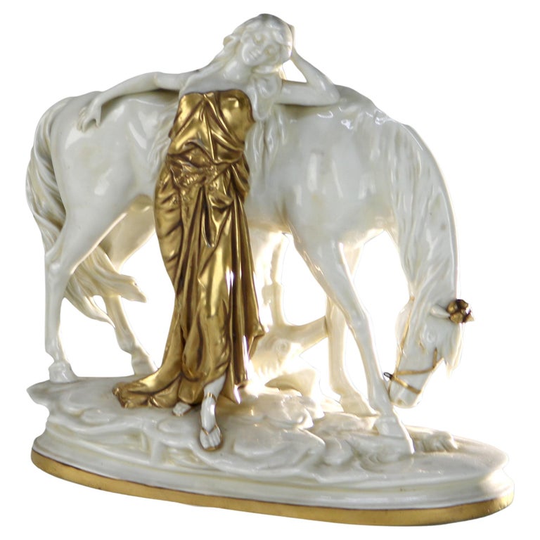 Antique Meissen Classical Parcel Gilt Porcelain Figure of a Maiden & Horse C1890