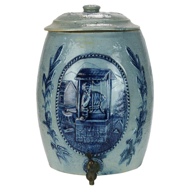 Antique Blue Salt Glazed Stoneware Water Crock with Genre Water Well Scene C1880