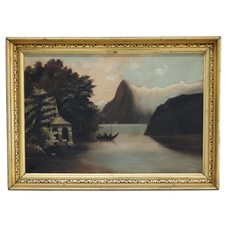 Antique Thomas Chambers School Oil on Canvas Lake Scene by Julia Cramer Gerling
