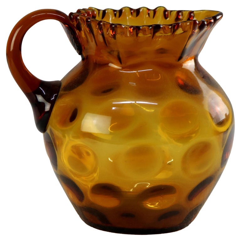 Amber Coinspot Amber Glass Juice Pitcher with Ruffled Rim 20thC