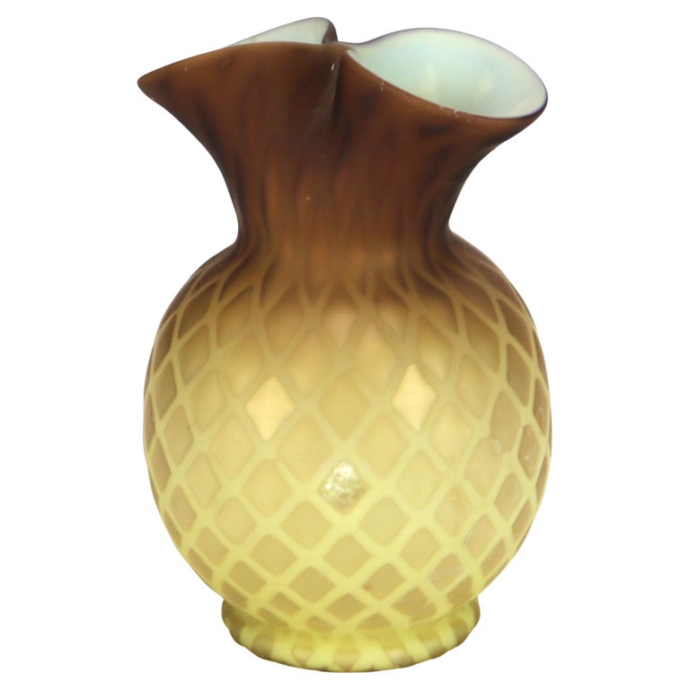 Antique Amber Satin Glass Double Vase with Diamond Quilt Pattern C1890