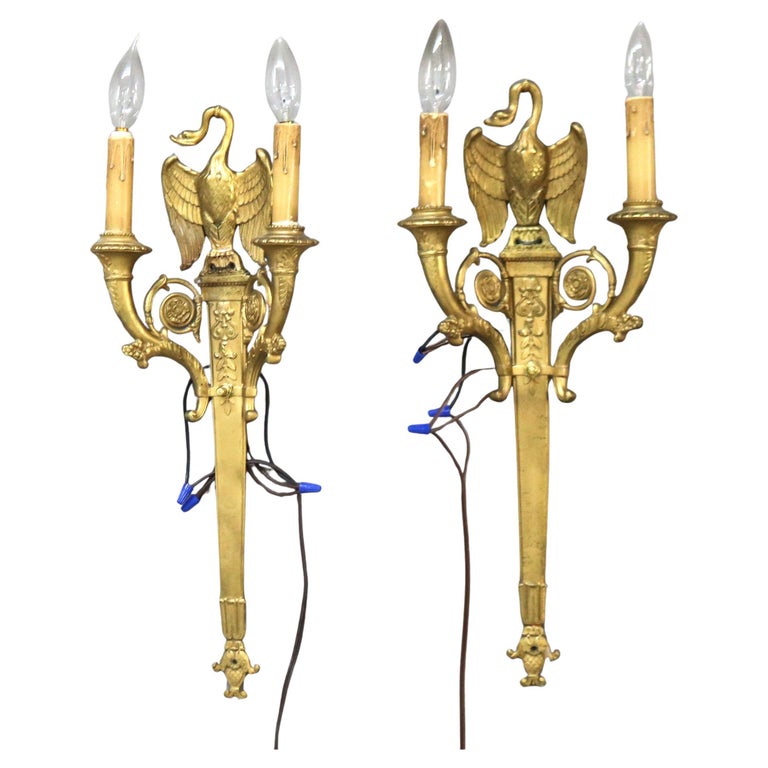 Pair of Antique French Empire Figural Goose Gilt Bronze Two-Light Sconces C1920
