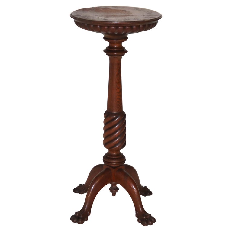 Antique Arts & Crafts Carved Oak Clawfoot Plant Stand C1920