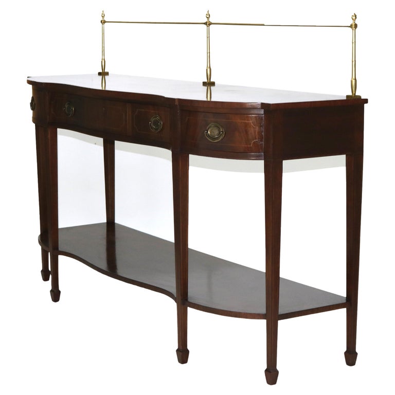 Antique Hepplewhite Style Flame Mahogany Serpentine Sideboard With Brass Rail