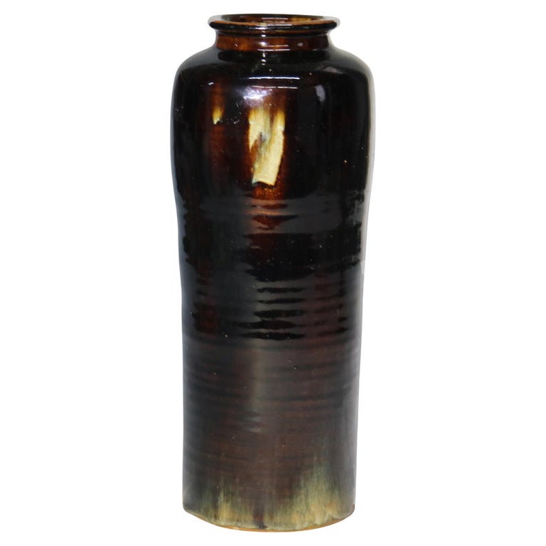 Large Antique Japanese Meiji Tiger’s Eye Glazed Pottery Vase, Signed, C1910
