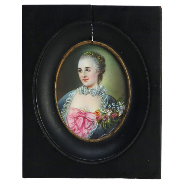 Miniature Antique French Portrait Painting on Celluloid of Woman, Framed, C1880