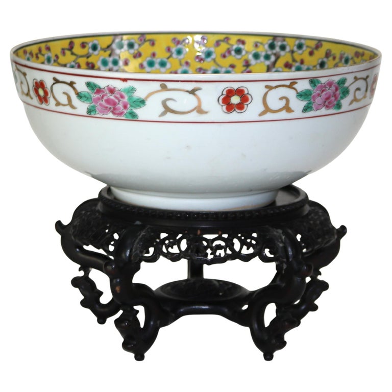 Antique Chinese Famille Rose Porcelain Bowl with Carved Hardwood Stand C1900
