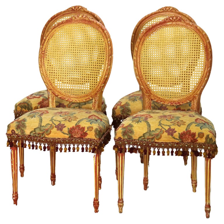 Four Vintage Louis XV Polychromed & Pressed Cane Parlor Chairs C1940