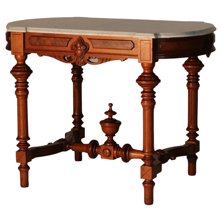 Brooks School Renaissance Revival Carved Walnut Burl & Marble Parlor Table c1880