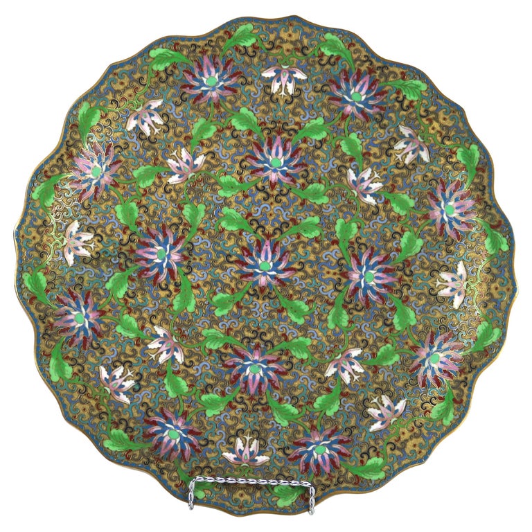 Antique Chinese Cloisonne Scalloped Edge & Reticulated Floral Charger c1920