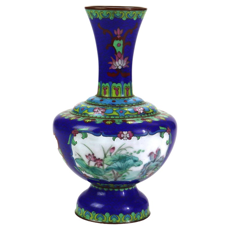 Antique Cloisonne Vase with Landscape Scene & Floral Elements C1920