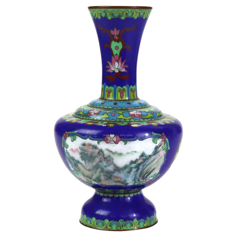 Antique Cloisonne Vase with Landscape Scene & Floral Elements C1920