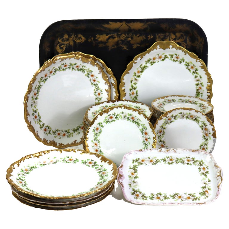 37 Vintage Limoges Porcelain Plates with Gilt Edges & Daisies c1940