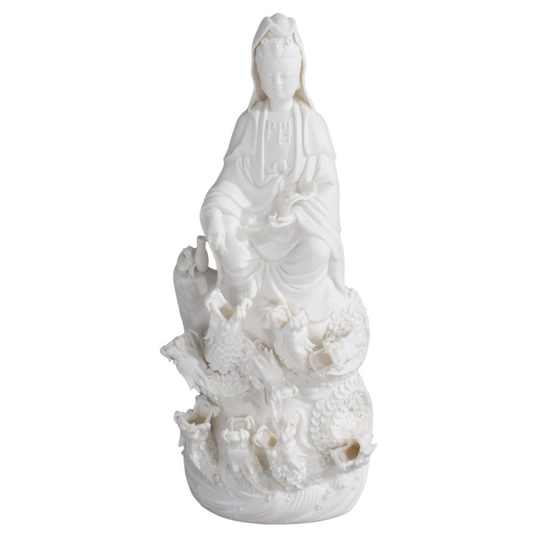 Parian Bisque Porcelain Kwan Yin Figure with Dragons 20thC