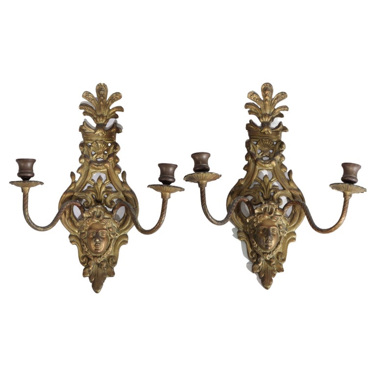 Antique Classical French Louis XIV Style Figural Bronze Candle Sconces c1920