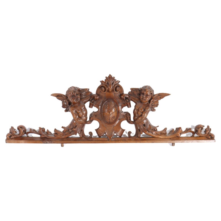 Antique Italian Figural Cherub & Crest Carved Walnut Furniture Crest C1880