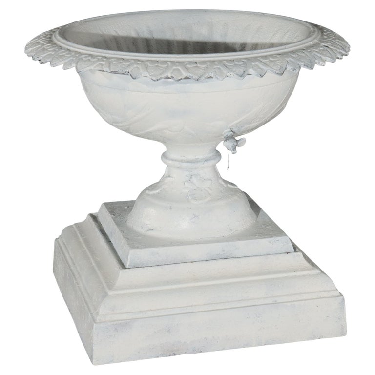 Antique Grecian Style Cast Iron Garden Urn, White Painted, C1900