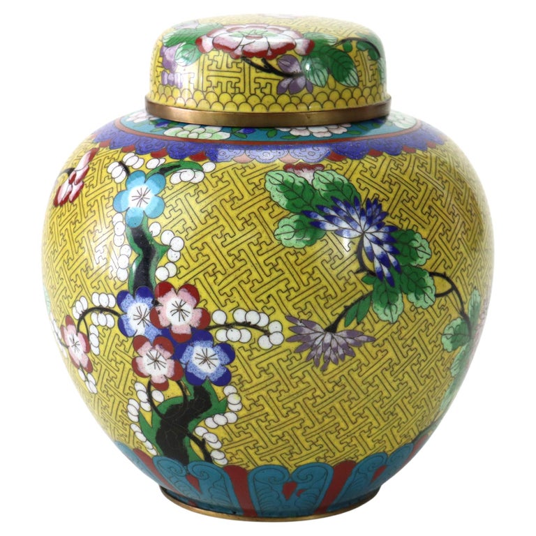 Antique Chinese Floral Cloisonne Enameled & Lidded Ginger Jar c1920